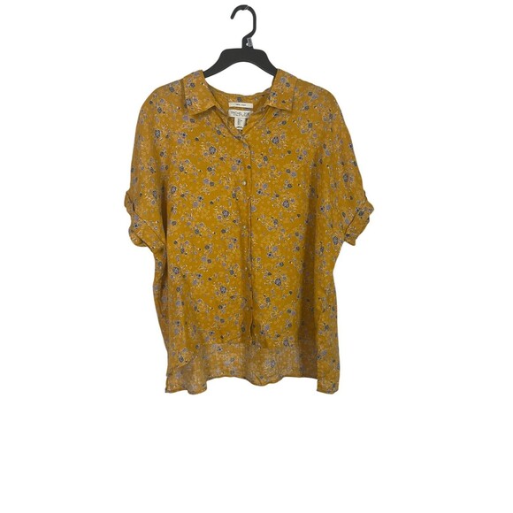 Rachel Zoe Women’s Boxy Button Up Shirt L 100% Linen Yellow Blue Cottagecore - Picture 2 of 7